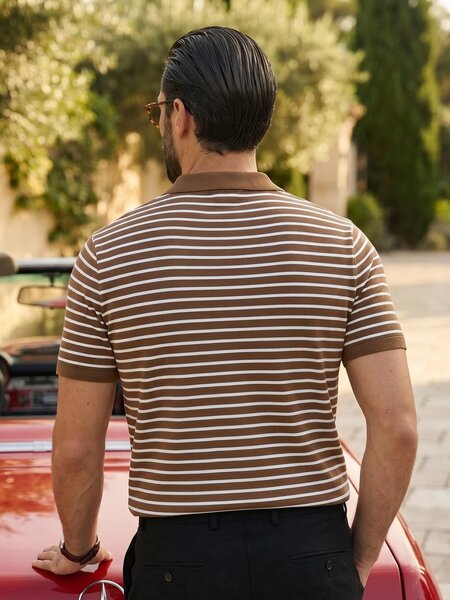 Golden Brown & White Yarn Dyed Polo T-Shirt (POLO-1257)