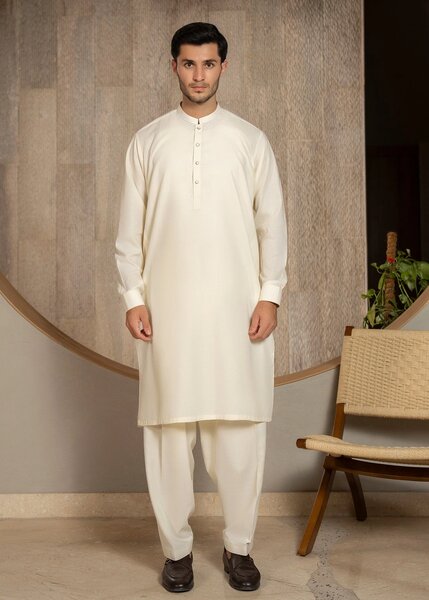 Buraq Men RTW Solids Wash N Wear Kurta Shalwar Suit Off White Ban Casual Collection